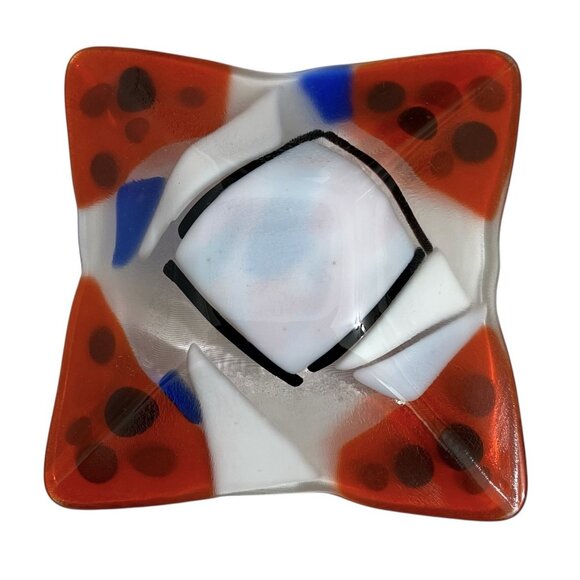 Handmade Fused Art Glass Dish – Red, Blue & White – 6” Modern Decorative Bowl - Picture 4 of 6